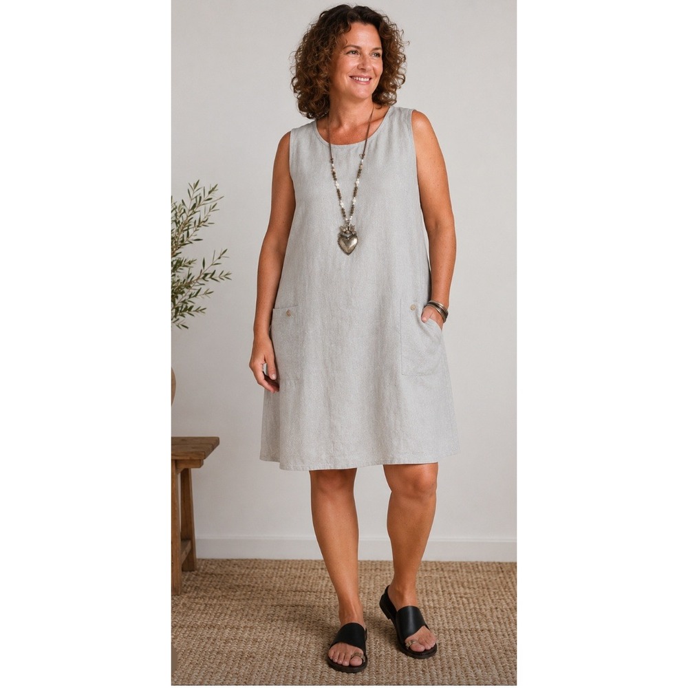 FLAX 100% Linen Sleeveless Shift Gathered Back Dress sz L lagenlook Costal Relax